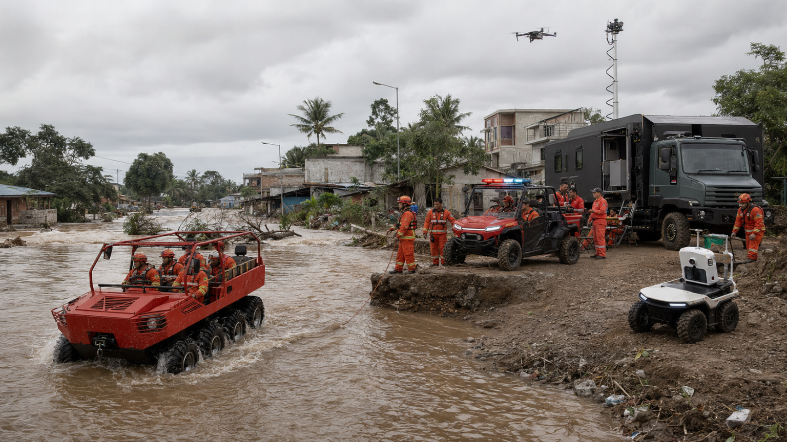Indonesian multi-agency emergency teams using an SAE common operational picture with all-terrain rescue vehicles