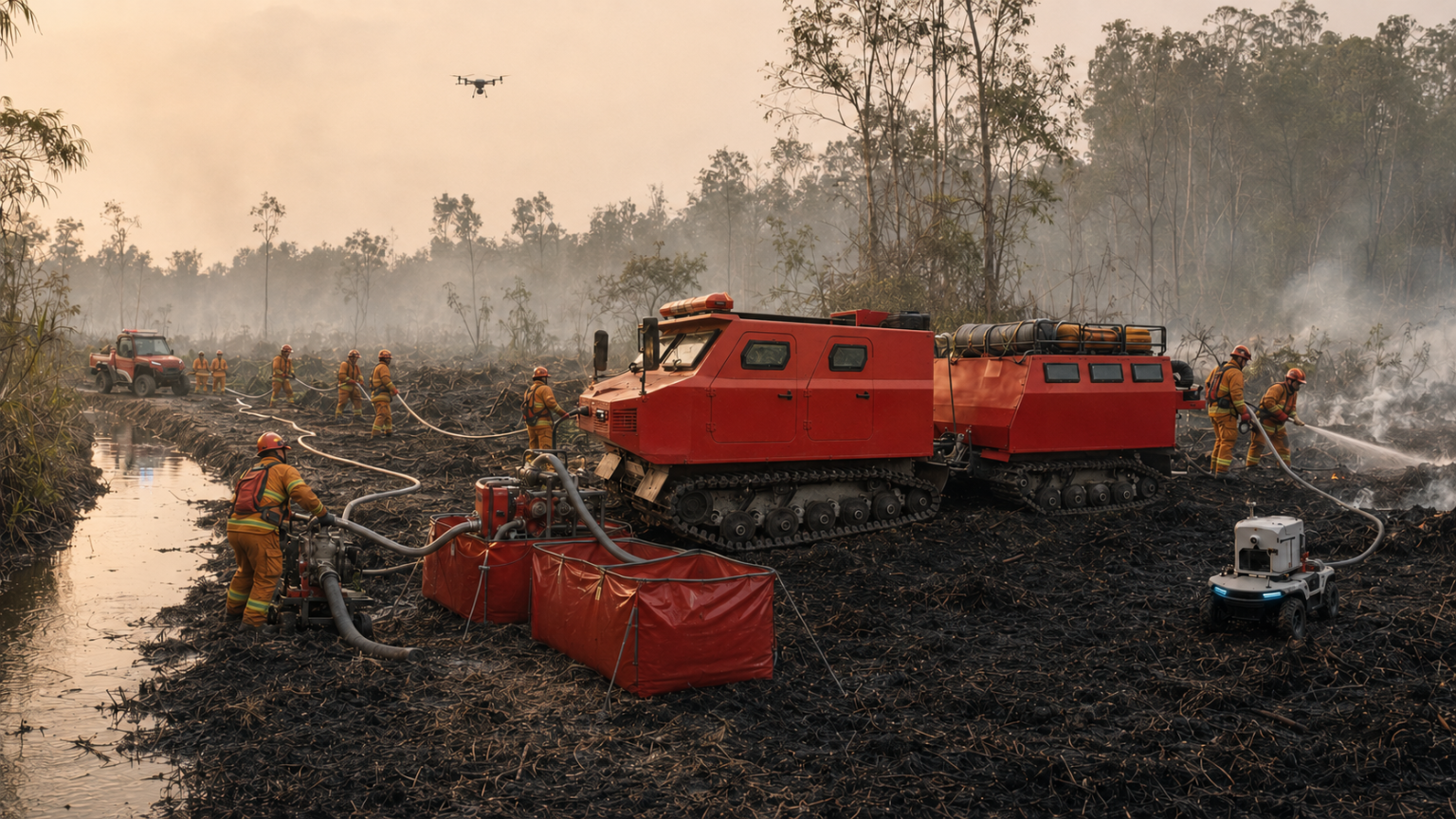 Tracked peatland firefighting platform, pumps and responders coordinated through an SAE field network in Kalimantan