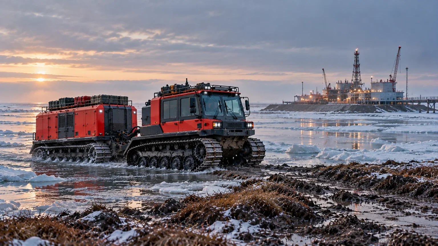 AI conceptual rendering of a red articulated amphibious tracked vehicle near icy shallow water and an offshore energy facility