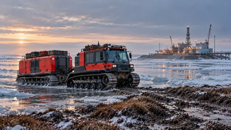 AI conceptual rendering of a red articulated amphibious tracked vehicle near icy shallow water and an offshore energy facility