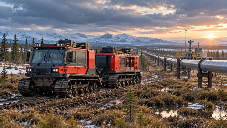 AI conceptual illustration of a red articulated tracked carrier on an assessed muddy access route beside an elevated oil and gas pipeline