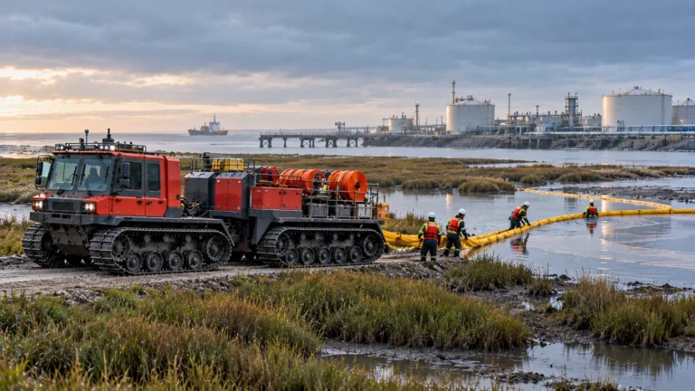AI conceptual illustration: articulated tracked carrier with orange containment boom reels at an authorized coastal spill-response staging area