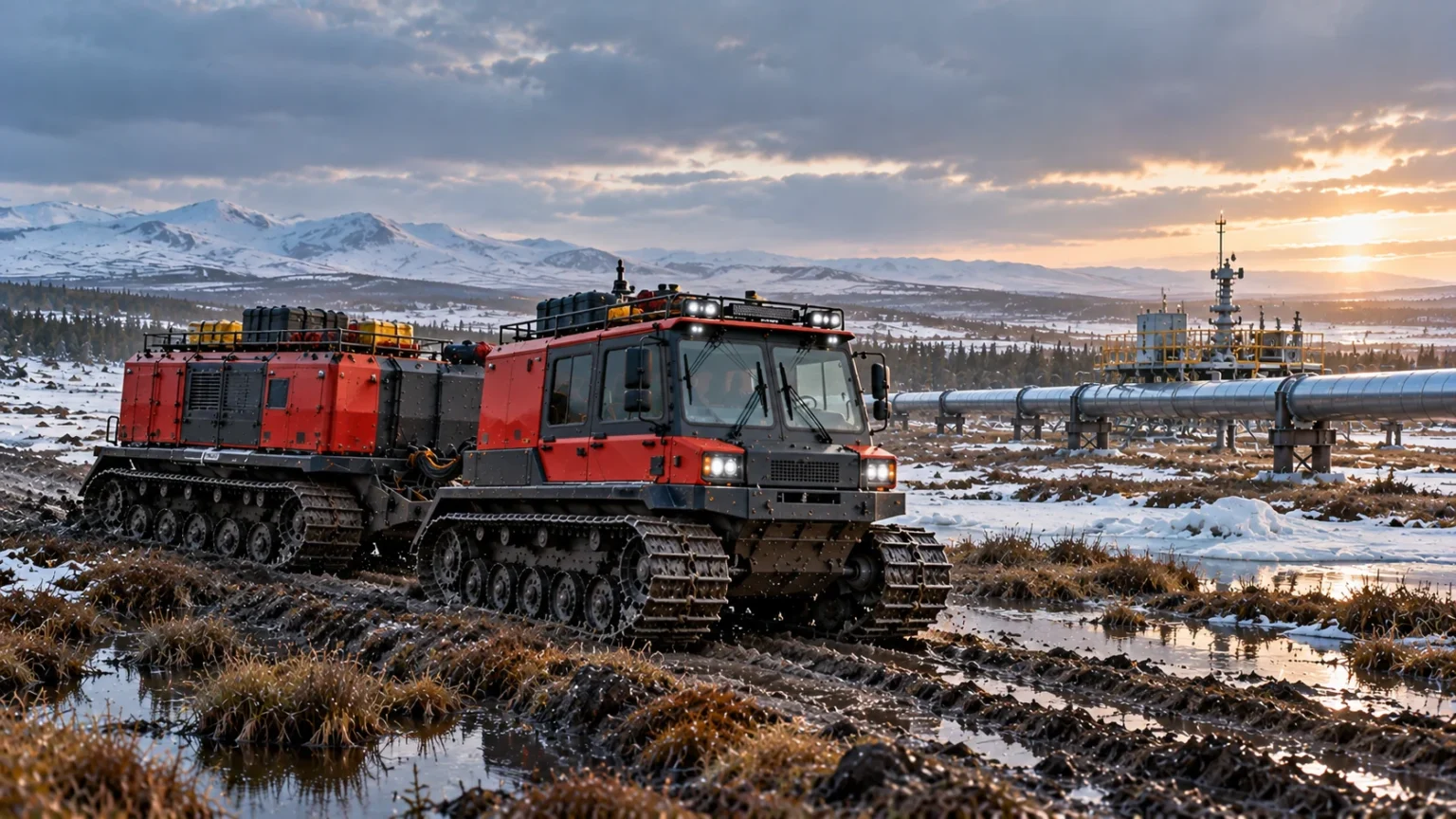 AI conceptual illustration of an articulated tracked carrier on remote tundra beside a gas pipeline valve station at dusk